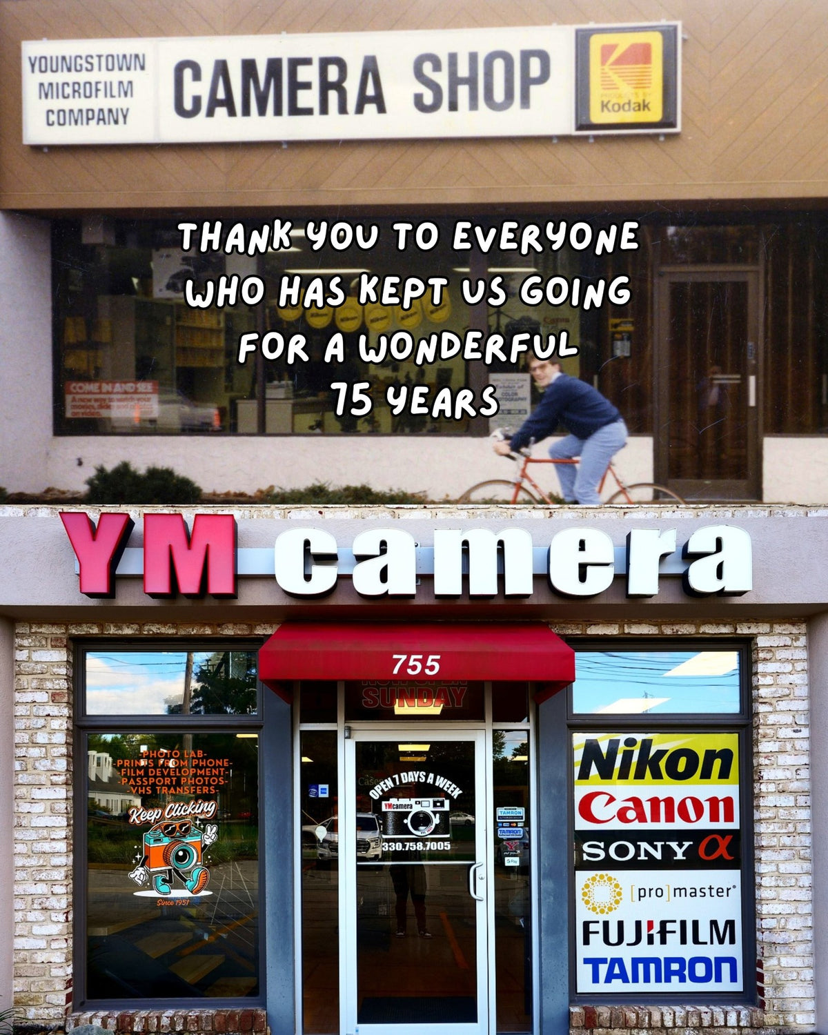 The Youngstown Microfilm Company camera shop sign, and the YM Camera storefront today